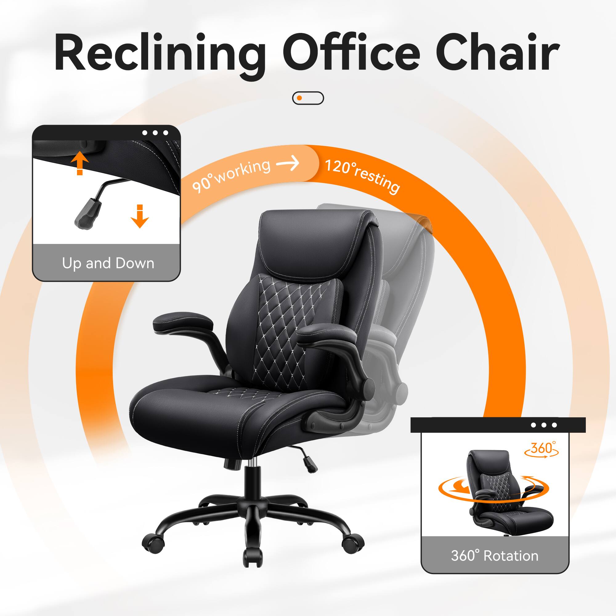 Reclining Office Chair

- 90° working
- 120° resting
- Up and Down
- 360° Rotation