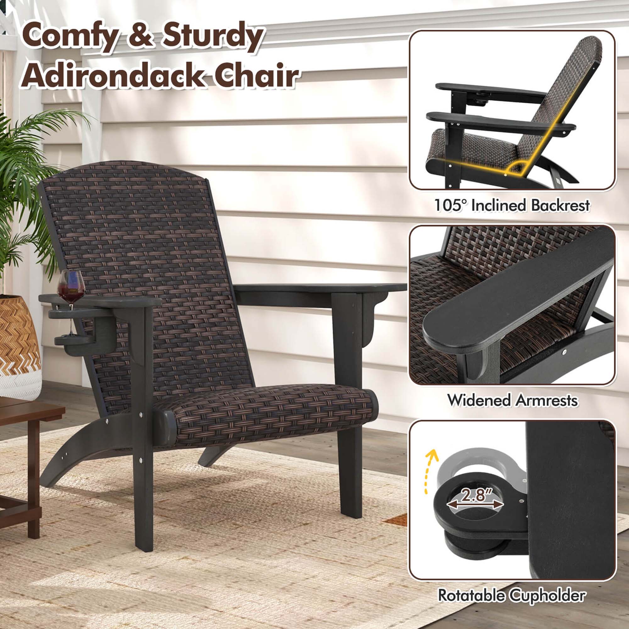 Comfy & Sturdy Adirondack Chair: 105 Inclined Backrest, Widened Armrests, 2.8" Rotatable Cupholder