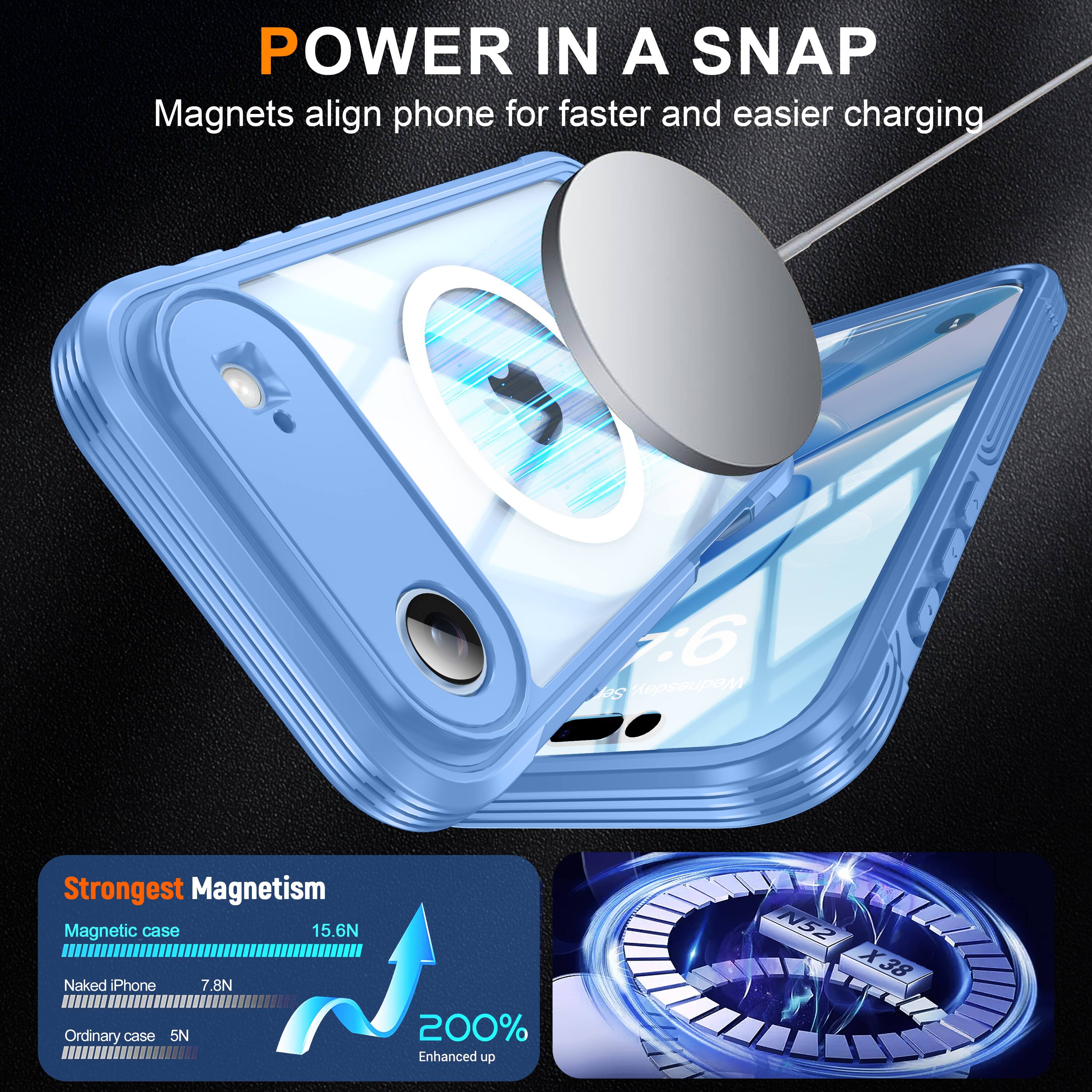 POWER IN A SNAP  
Magnets align phone for faster and easier charging  

Strongest Magnetism  
Magnetic case: 15.6N  
Naked iPhone: 7.8N  
Ordinary case: 5N  

200% Enhanced up  
N52 X38