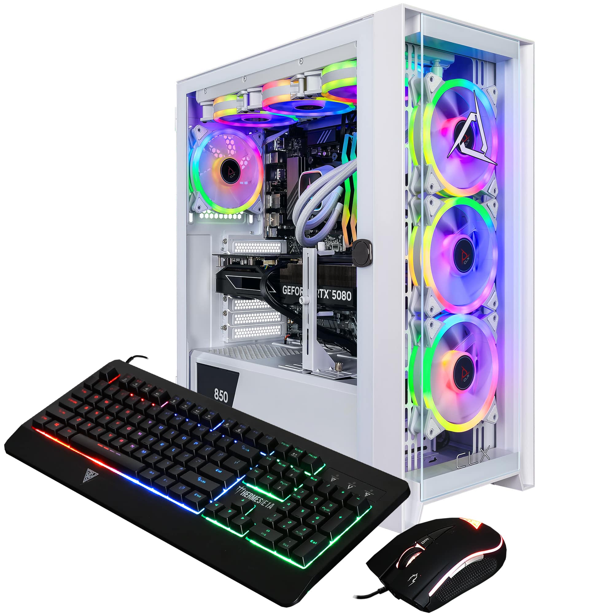 The image features a computer tower with a keyboard and mouse placed in front of it. The computer tower is equipped with a GeForce TX 5080 graphics card, which is a high-end component for enhanced gaming and visual performance. The keyboard is a black and colorful model, likely designed for gaming or other computer-related activities. The mouse is also placed next to the keyboard, completing the computer setup.