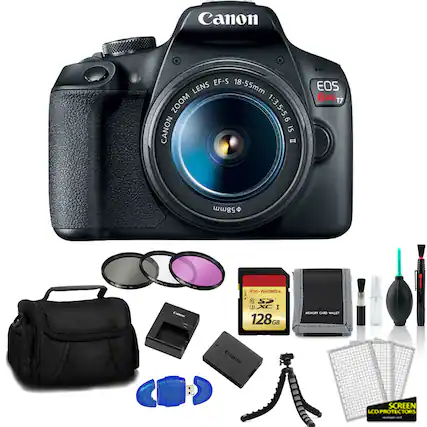 Canon EF-S 18-55mm f/3.5-5.6 IS II Lens
Canon EOS Rebel T7
Canon 17-58mm Lens
Canon 128GB R95-W600MB/s SDXC I Memory Card
Canon Memory Card Wallet
Canon Screen LCD Protectors
Canon USB Cable
Canon Cleaning Kit (includes lens cleaning solution and cloth)
Canon Camera Bag
Canon Lens Hood
Canon Lens Filters (UV, CPL, and ND)