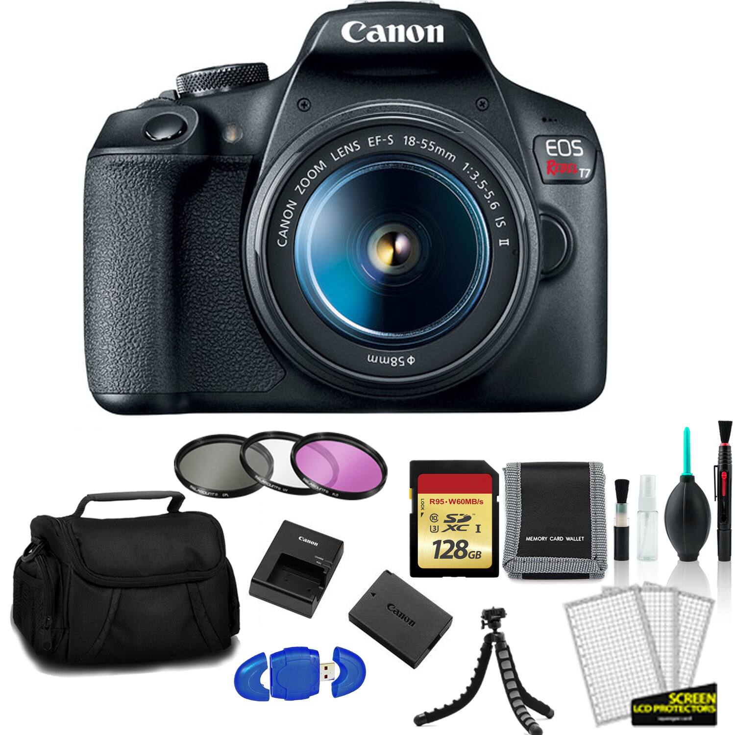 Canon EF-S 18-55mm f/3.5-5.6 IS II Lens  
Canon EOS Rebel T7  
Canon 17-58mm Lens  
Canon 128GB R95-W600MB/s SDXC I Memory Card  
Canon Memory Card Wallet  
Canon Screen LCD Protectors  
Canon USB Cable  
Canon Cleaning Kit (includes lens cleaning solution and cloth)  
Canon Camera Bag  
Canon Lens Hood  
Canon Lens Filters (UV, CPL, and ND)