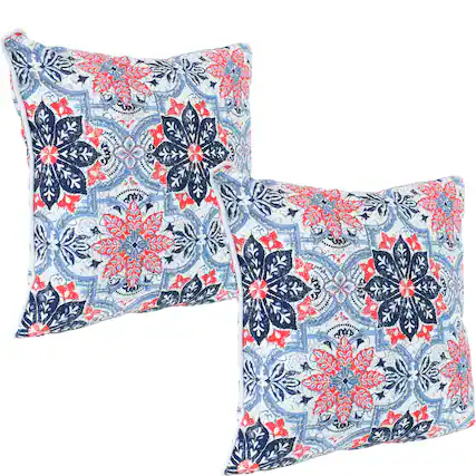 Front. Sunnydaze - Square Indoor and Outdoor Throw Pillow - 16 in - Blue and Red Floral.