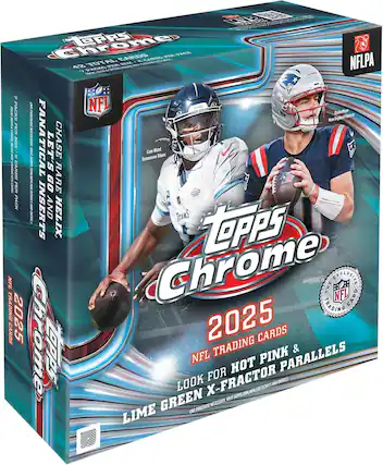 Topps Chrome 2025
NFL Trading Cards
Look for Hot Pink & Lime Green Parallels
No Purchase Necessary. Visit Topps.com/NFLM for Details and Entry.
42 Total Cards Per Box
7 Packs Per Box / 8 Cards Per Pack
1 Special Insert
1 Chase Card Per Box
Fantastical Go Rare Inserts and Helix
Exclusive NFL Trading Cards
Cam Ward
Tennessee Titans
Drake More
New England Patriots
NFLPA
Topps Chrome 2025
NFL Trading Cards