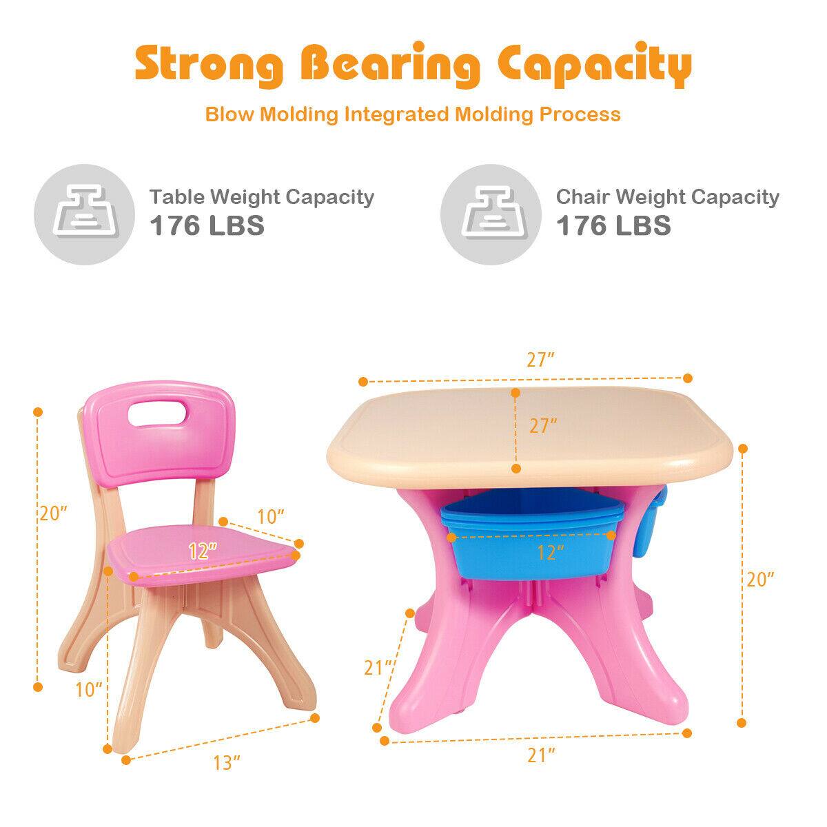 Strong Bearing Capacity  
Blow Molding Integrated Molding Process  

Table Weight Capacity: 176 LBS  
Chair Weight Capacity: 176 LBS  

Dimensions:  
- Table: 27" x 27" x 20"  
- Chair: 20" x 12" x 10"  
- Seat: 12" x 10"  
- Overall Height: 21"  
- Under Table Storage: 12" x 21"