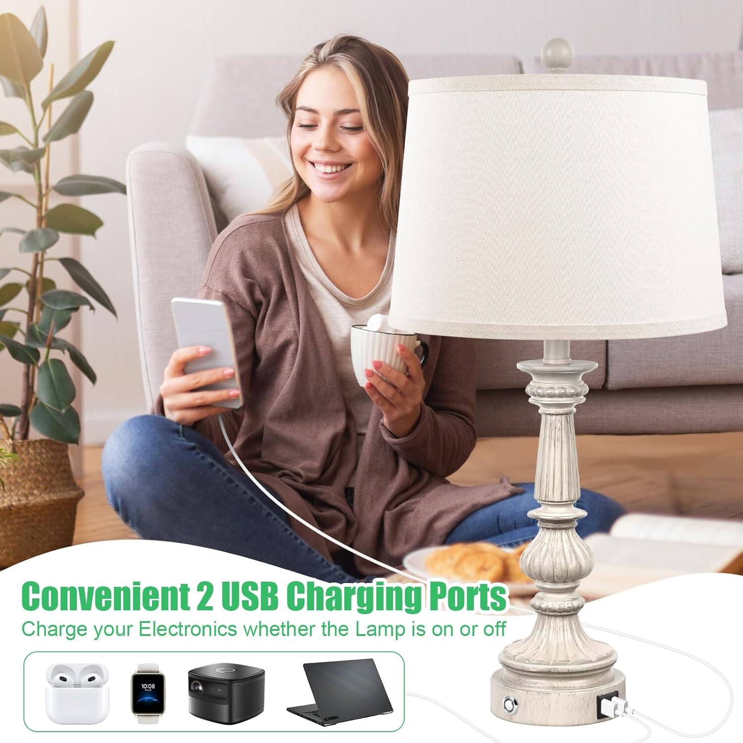 Convenient 2 USB Charging Ports  
Charge your Electronics whether the Lamp is on or off