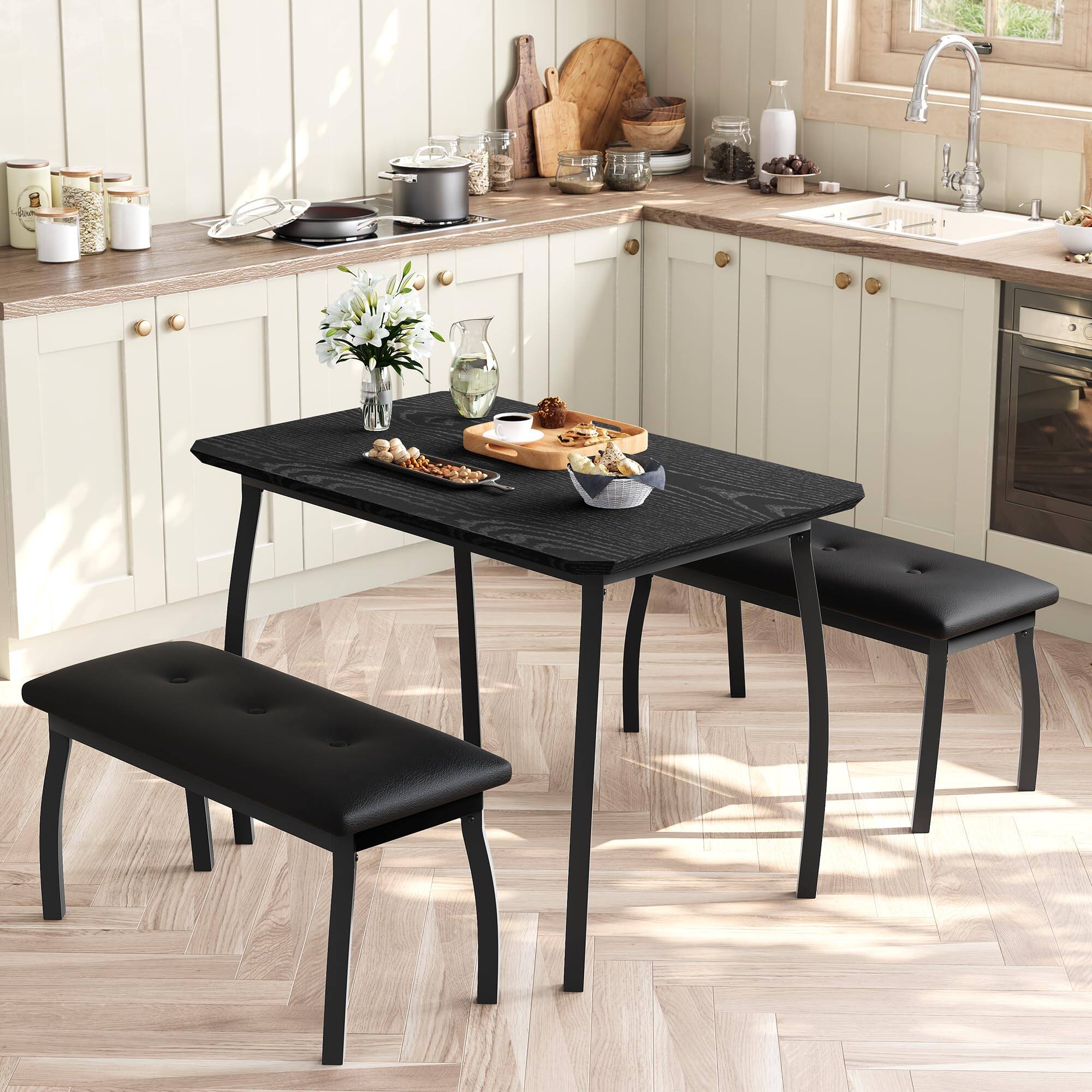 Alt View 4. Homhougo - Dining Table Set for 4, 3-Piece Wooden Kitchen Table with 2 Upholstered Benches, Space-Saving Dinette Set - Black.