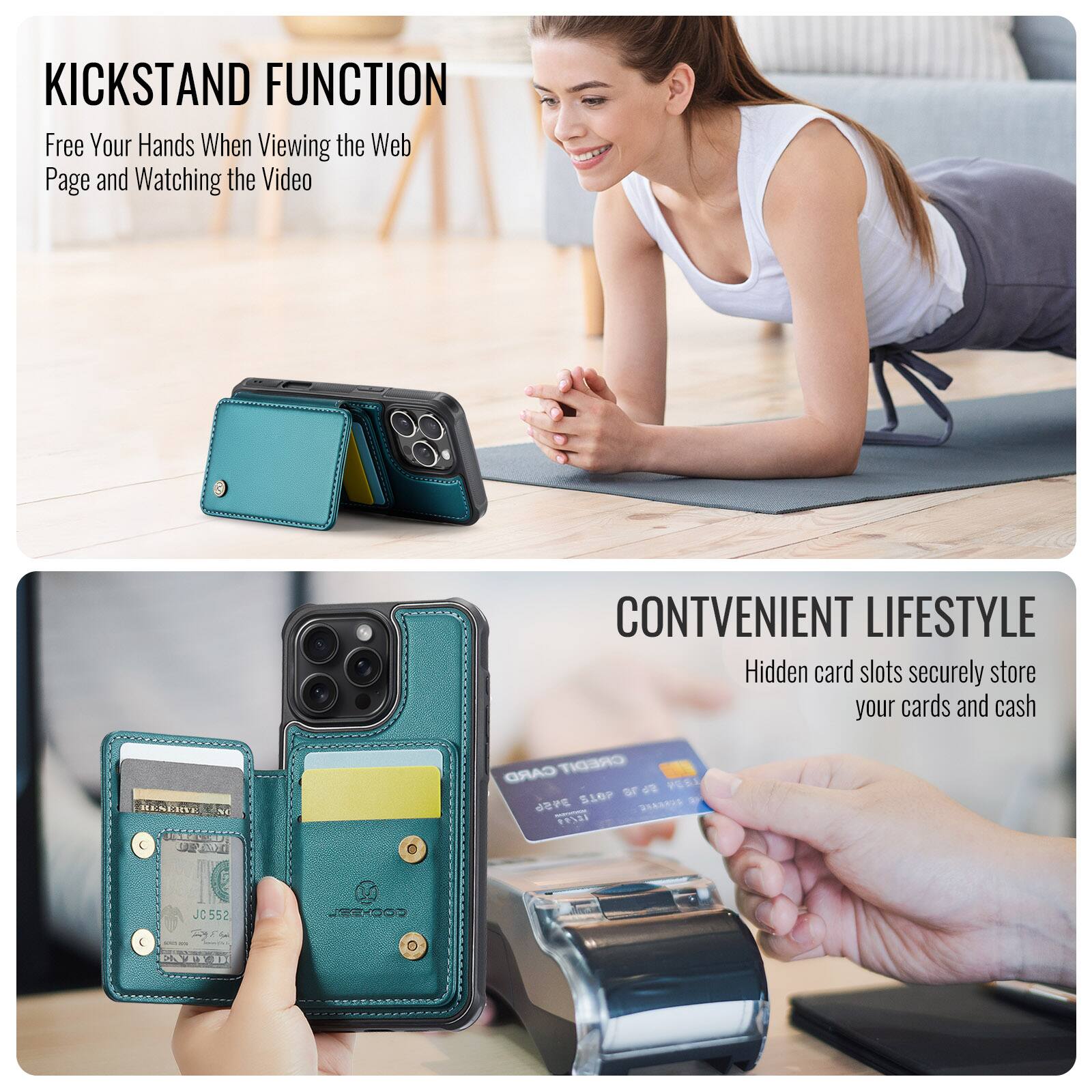 KICKSTAND FUNCTION  
Free Your Hands When Viewing the Web Page and Watching the Video  

CONVENIENT LIFESTYLE  
Hidden card slots securely store your cards and cash