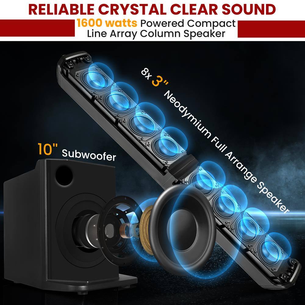 RELIABLE CRYSTAL CLEAR SOUND  
1600 watts Powered Compact Line Array Column Speaker  

10" Subwoofer  
8x 3" Neodymium Full Arrange Speaker