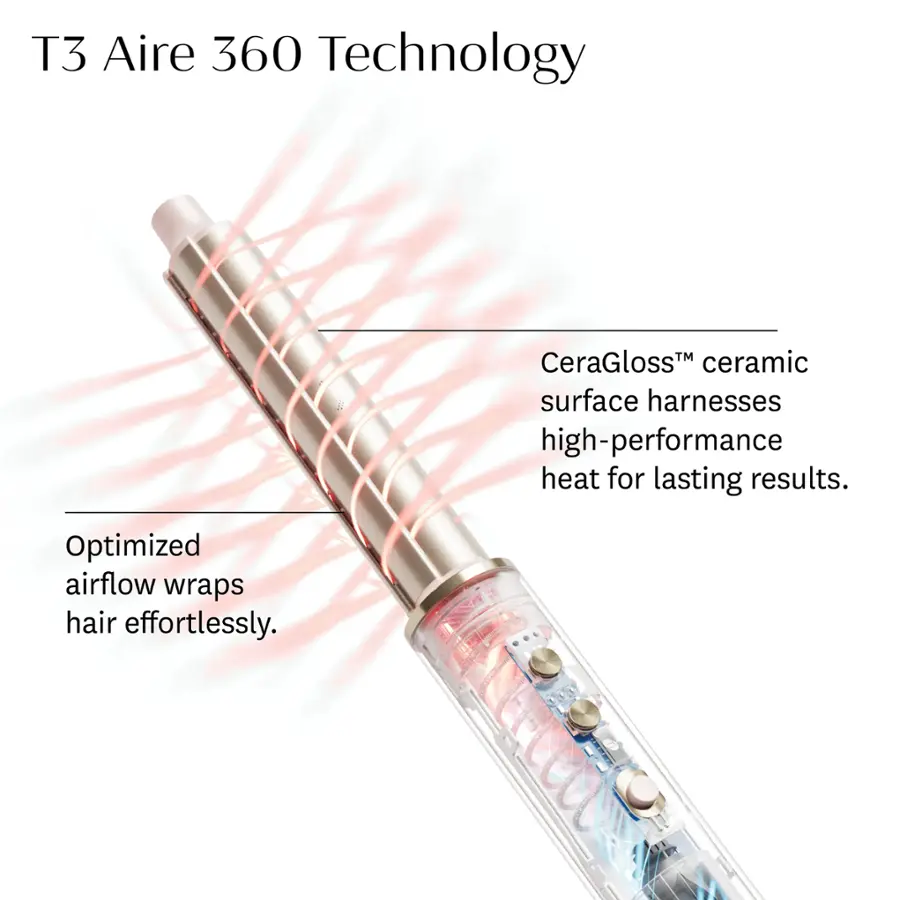 T3 Aire 360 Technology CeraGlossTM ceramic surface harnesses high-performance heat for lasting results. Optimized airflow wraps hair effortlessly.