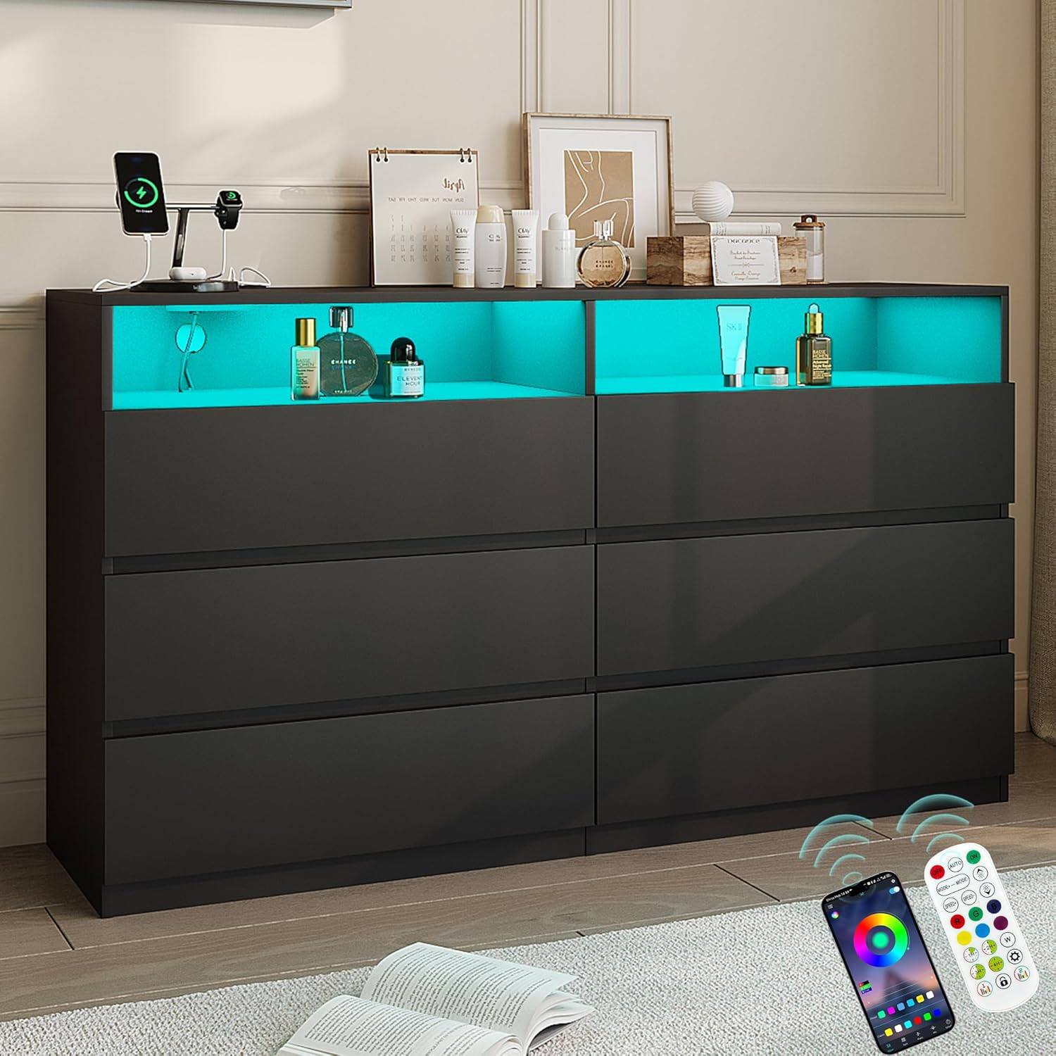 Angle. Vipbear - Vipbear 6 Drawer Double Dresser with Power Outlet, Accent Chests of Drawers with LED Light, Storage, Charging Station - Black.