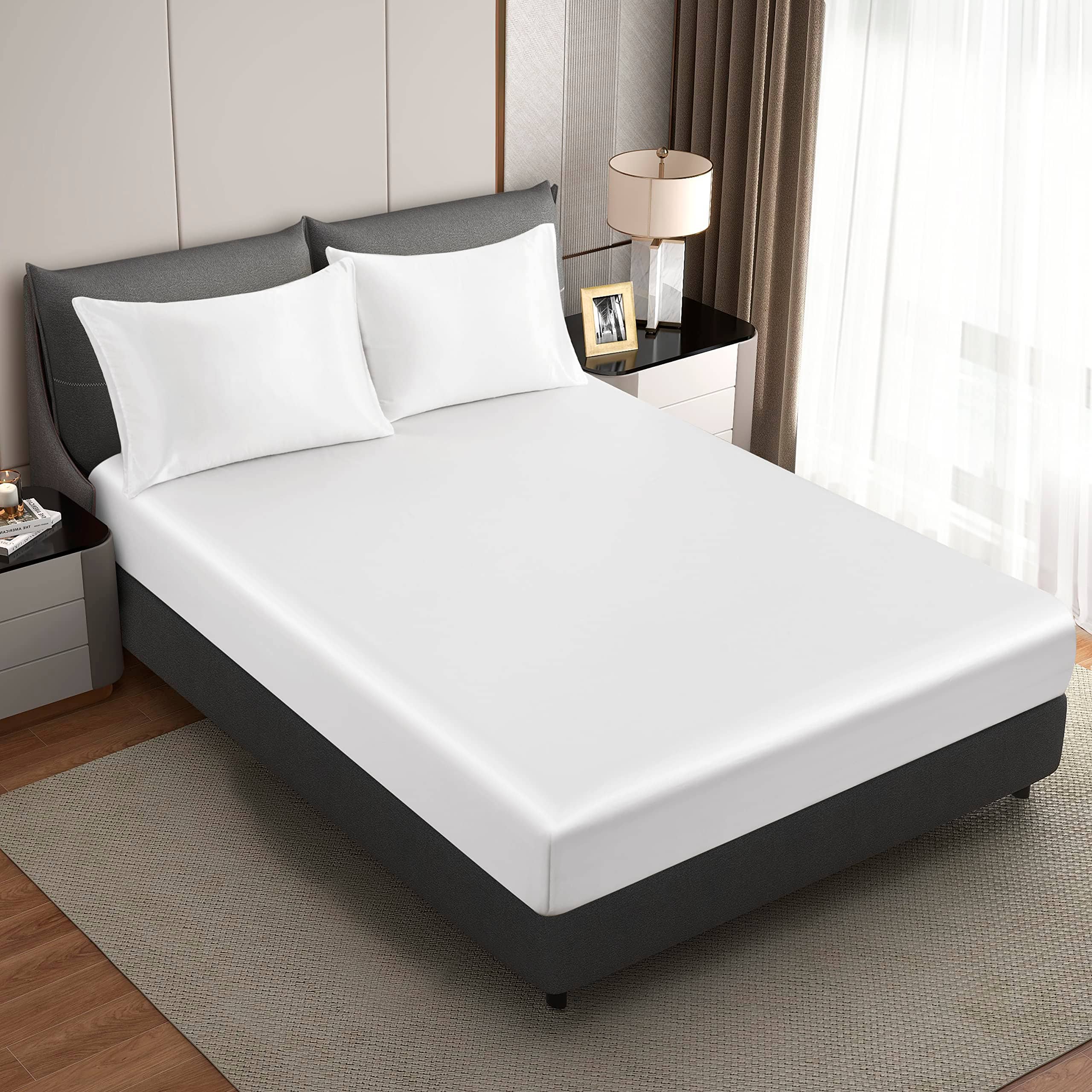 Stylel Star - Silk Satin Black Fitted Sheet Deep Pocket Only Breathable Non- Fading Fully Elasticized Bed Sheets Sold Separately - White-Queen