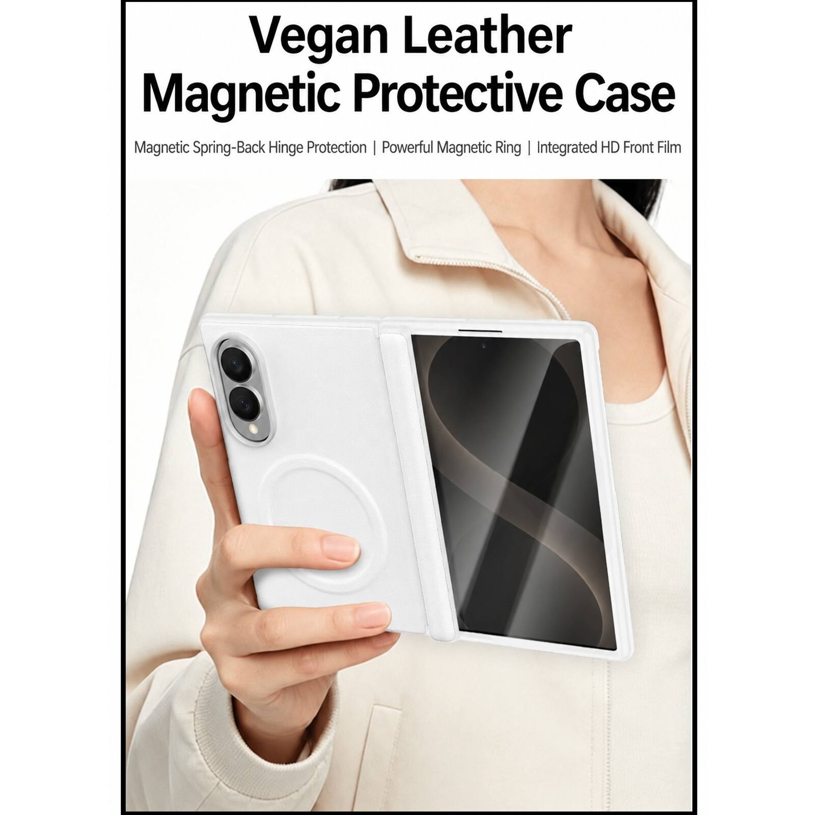 Vegan Leather Magnetic Protective Case  
Magnetic Spring-Back Hinge Protection | Powerful Magnetic Ring | Integrated HD Front Film
