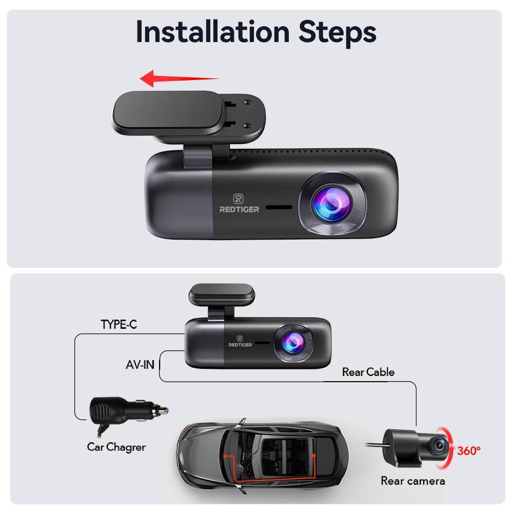 Installation Steps

1. REDTIGER
2. TYPE-C
3. AV-IN
4. Rear Cable
5. Car Charger
6. 360
7. Rear camera