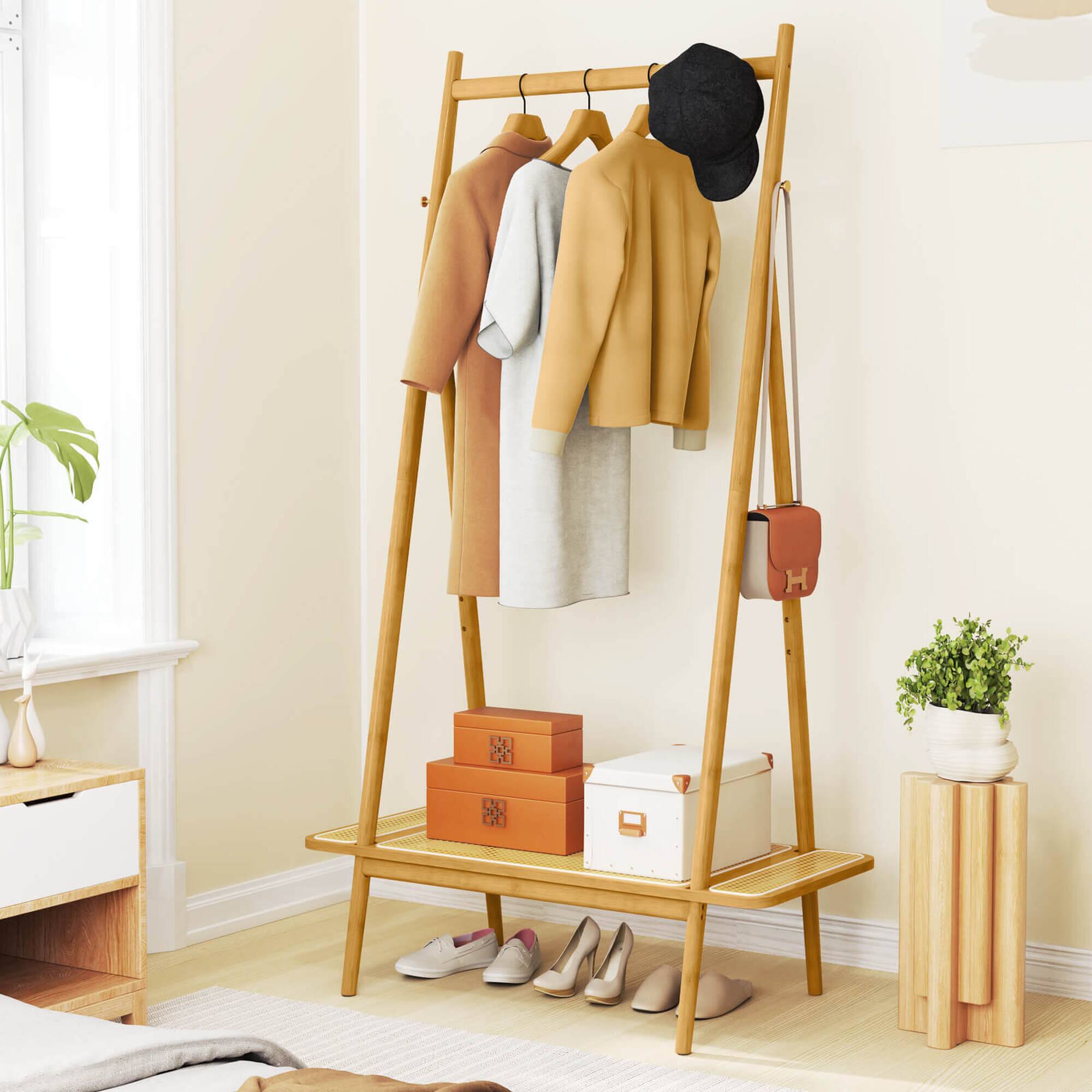 Alt View 1. Costway - Costway Bamboo Clothes Rack Clothing Rack with Hanging Rod Rattan Shelf & 5 Copper Hooks Natural - Natural.