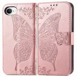 Dteck - Wallet Case for Apple iPhone 17e/iPhone 16e, Embossed Butterfly Pattern Leather Card Slots Flip Stand Cover+Strap - Rosegold