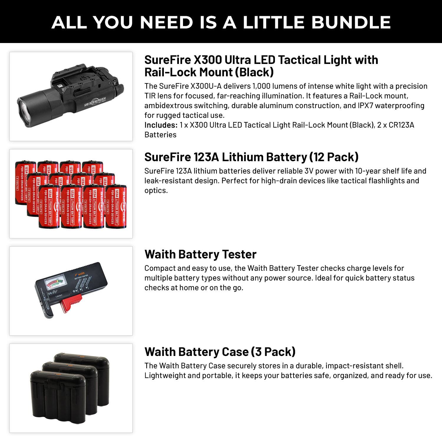 ALL YOU NEED IS A LITTLE BUNDLE

SureFire X300 Ultra LED Tactical Light with Rail-Lock Mount (Black)

The SureFire X300U-A delivers 1,000 lumens of intense white light with a precision TIR lens for focused, far-reaching illumination. It features a Rail-Lock mount, ambidextrous switching, durable aluminum construction, and IPX7 waterproofing for rugged tactical use.

Includes: 1 x X300 Ultra LED Tactical Light Rail-Lock Mount (Black), 2 x CR123A Batteries

SureFire 123A Lithium Battery (12 Pack)

SureFire 123A lithium batteries deliver reliable 3V power with 10-year shelf life and leak-resistant design. Perfect for high-drain devices like tactical flashlights and optics.

Waith Battery Tester

Compact and easy to use, the Waith Battery Tester checks charge levels for multiple battery types without any power source. Ideal for quick battery status checks at home or on the go.

Waith Battery Case (3 Pack)

The Waith Battery Case securely stores in a durable, impact-resistant shell. Lightweight and portable, it keeps your batteries safe, organized, and ready