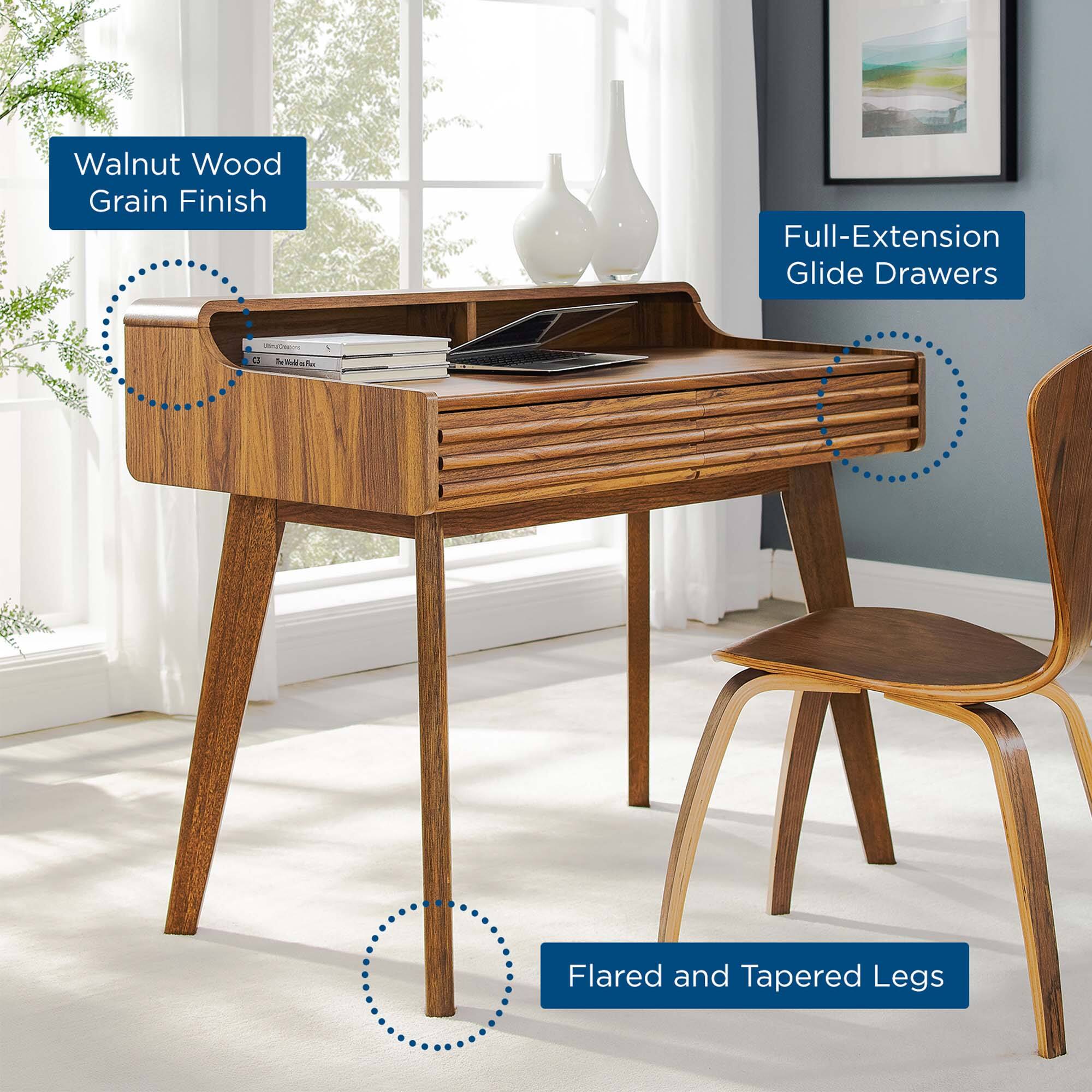 Walnut Wood Grain Finish  
Full-Extension Glide Drawers  
Flared and Tapered Legs