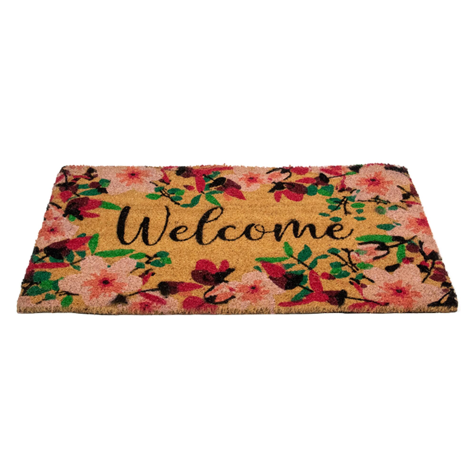 Alt View 2. Northlight - Natural Coir Blossoming Floral Outdoor Rectangular "Welcome" Doormat 18" x 30" - Brown.