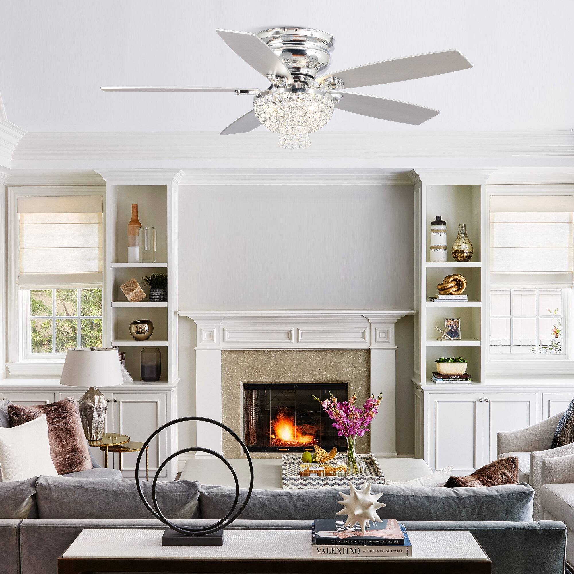 Angle. Parrot Uncle - 52" Modern Chrome Low Profile Crystal Ceiling Fan with Remote and 3-Speed Motor - Chrome.