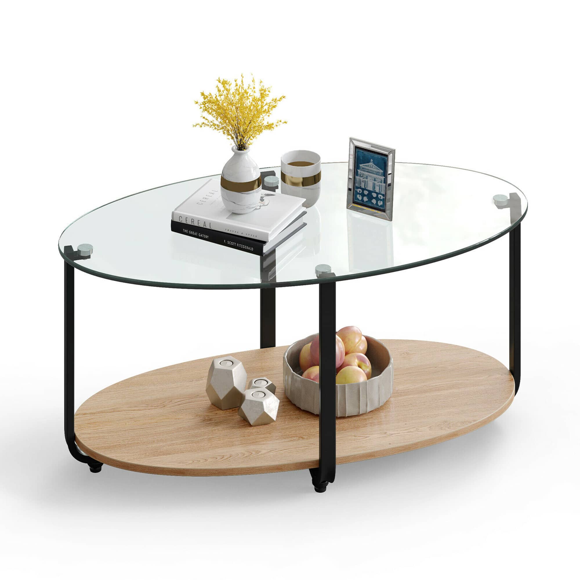 Gymax- Glass-Top Coffee Table 2-Tier Modern Oval Side Sofa Table w/ Storage Shelf- Brown