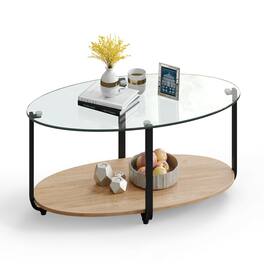 Costway - Glass-Top Coffee Table 2-Tier Modern Oval Side Sofa Table w/ Storage Shelf - Brown