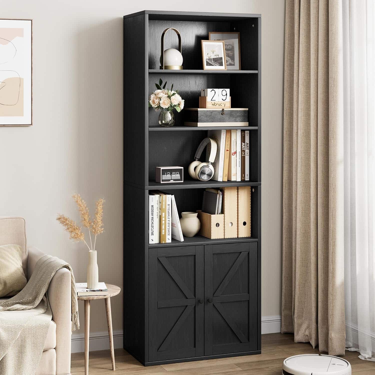 Jojoka - 71.4" Farmhouse Bookcase with Doors, 6-Shelf Wooden Storage Cabinet for Living Room, Office & Study - Black