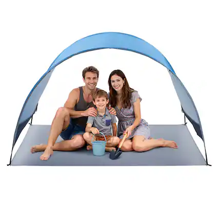 Front. VEVOR - Beach Tent Sun Shelter for 3 Person, UPF 50+ Protection, Portable Sun Shade Canopy with Carrying Bag & Ground Stakes - Blue + Grey.
