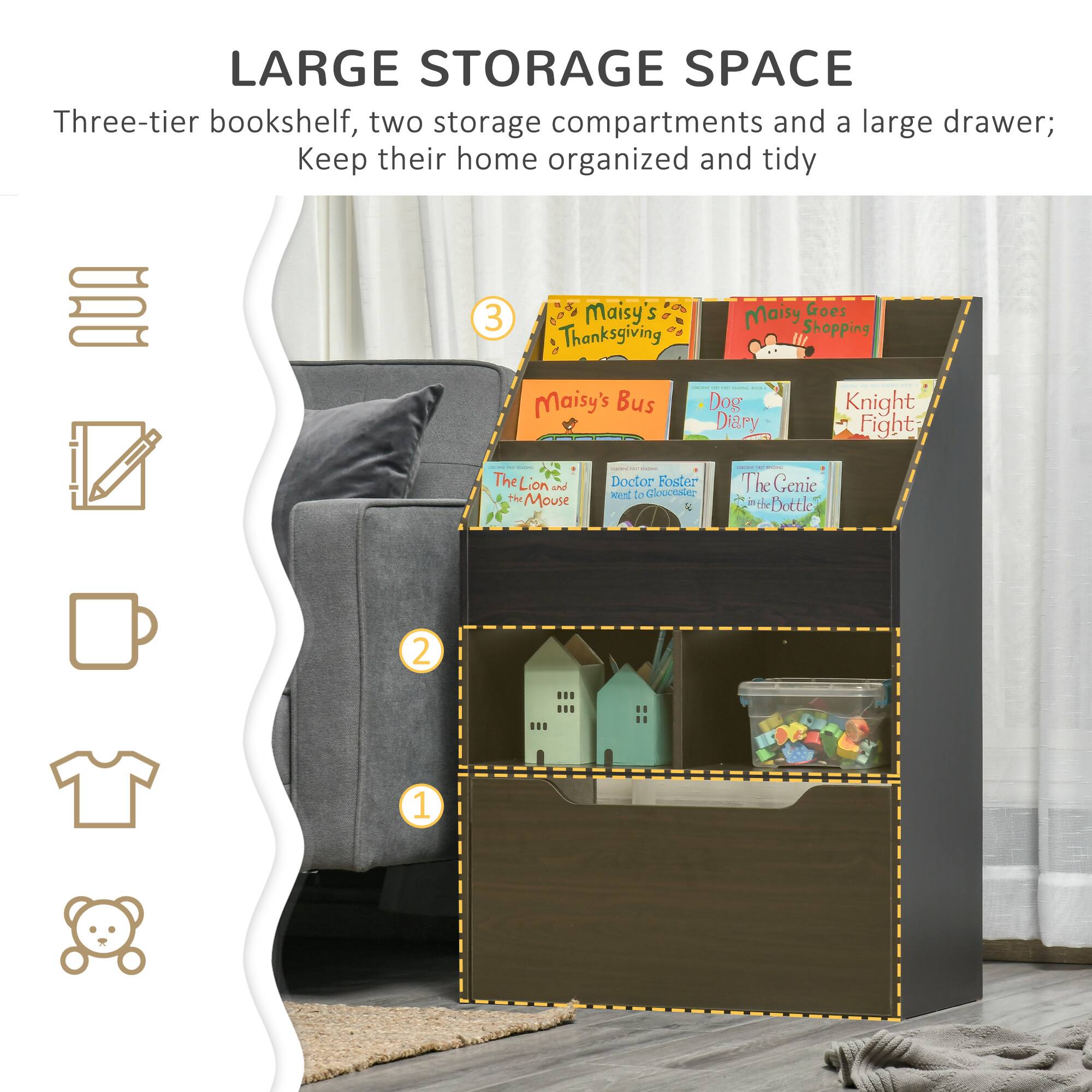 LARGE STORAGE SPACE  
Three-tier bookshelf, two storage compartments and a large drawer; Keep their home organized and tidy  

1.  
2.  
3.  

- Maisy's Thanksgiving  
- Maisy's Bus  
- Maisy Goes Shopping  
- Dog Diary  
- Knight Fight  
- The Lion and the Mouse  
- Doctor Foster & the Doodle  
- The Genie in the Bottle