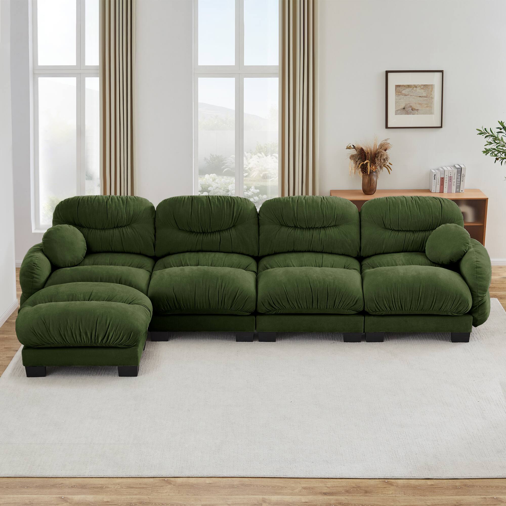 Angle. Anysun - 4-Seater L Shape Sectional Couch with Ottoman, Chenille Fabric, High-Density Foam & Curved Armrests for Living Room - Green.