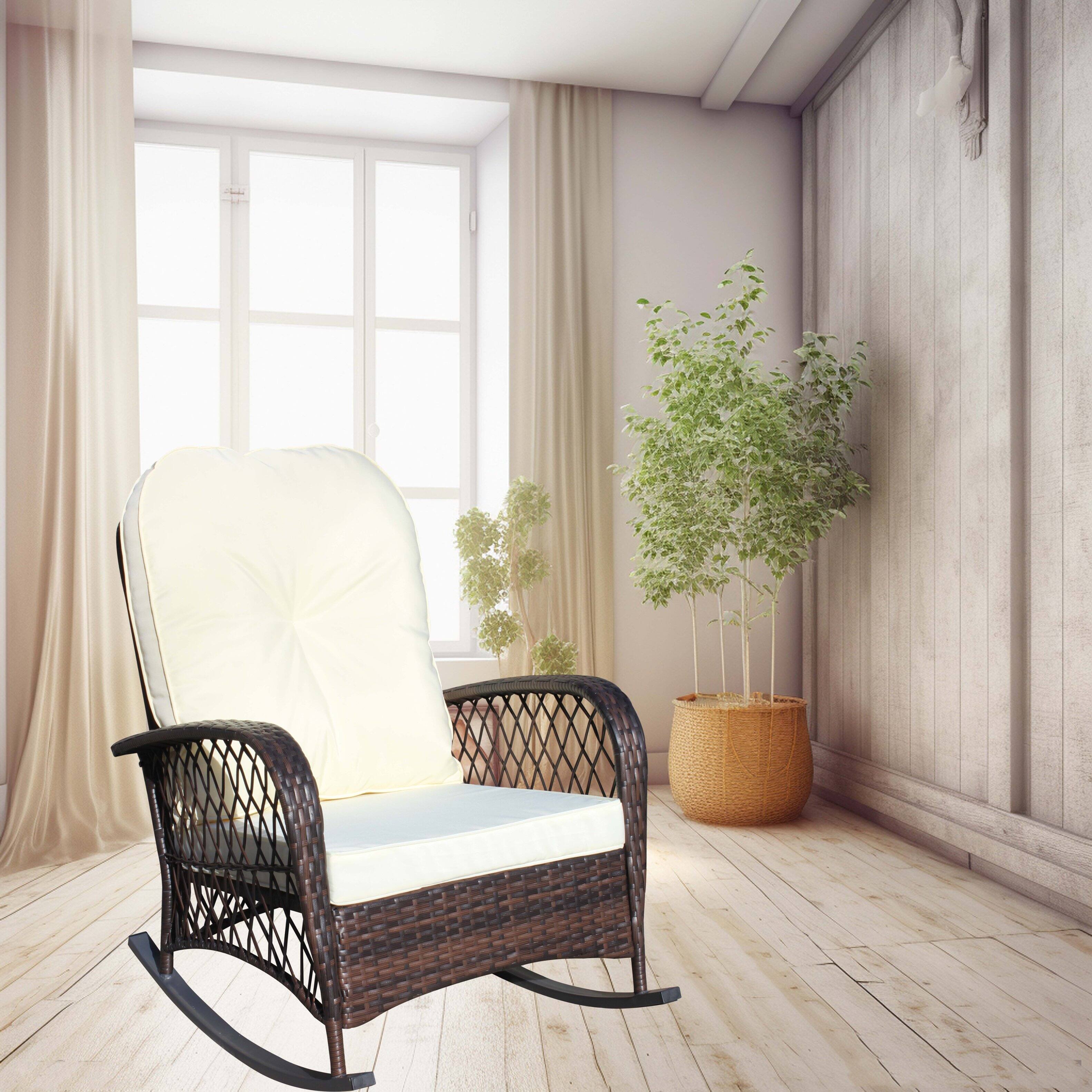 Back. Tiramisubest - Outdoor Wicker Rocking Chair with Wide Seat,Steel Frame & Thick Cushion for Patio,Garden,Backyard,Beige Cushion - Brown+Beige.