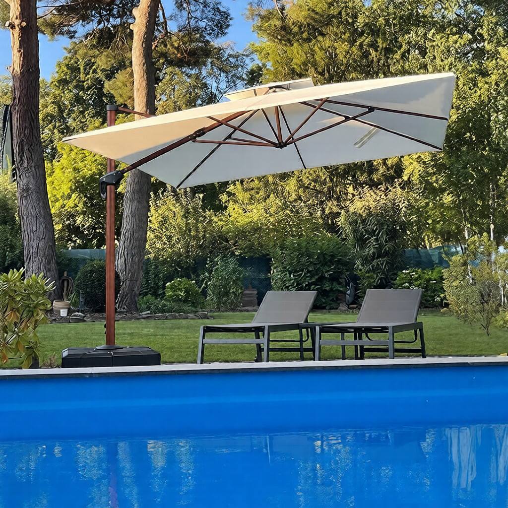 Left. PURPLE LEAF - 9 ft. Patio Square Outdoor Large Cantilever Umbrella Windproof Offset Heavy Duty Sun Umbrella with Base for Garden - Cream.