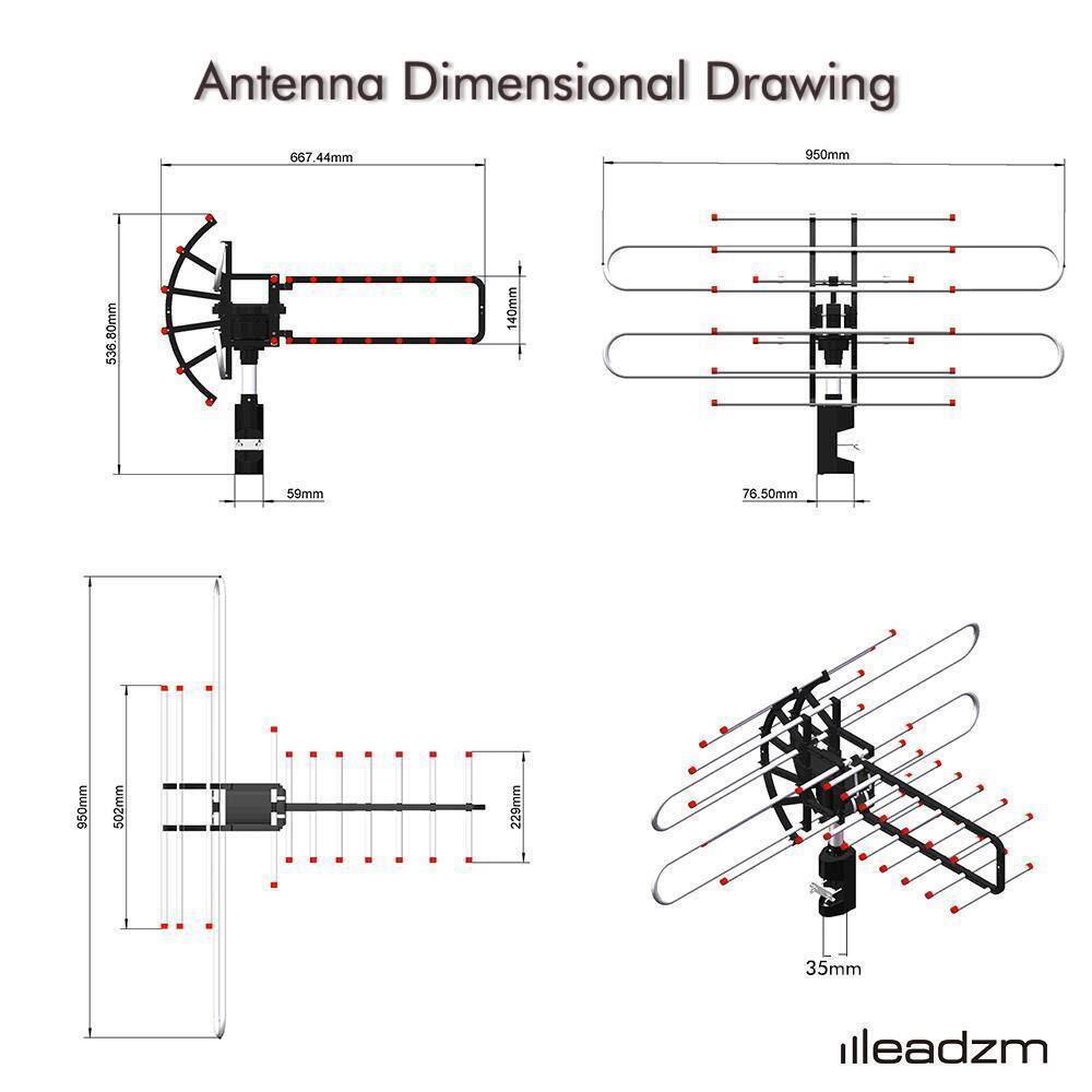 Antenna Dimensional Drawing

- 667.44mm
- 950mm
- 80mm
- 536.140mm
- 59mm
- 76.50mm
- 950mm
- 502mm
- 229mm
- 35mm

illeadzm