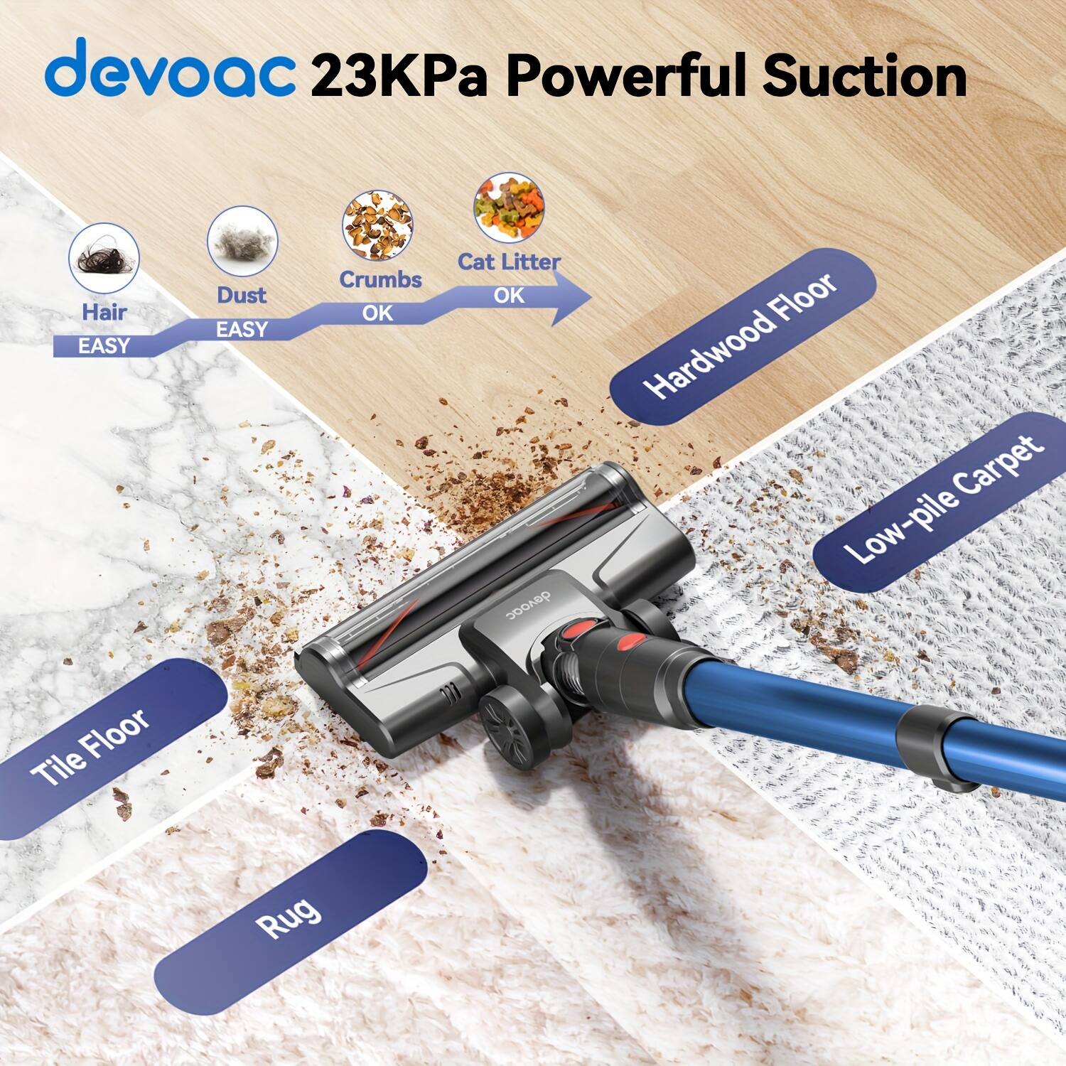 devaoc 23KPa Powerful Suction

- Hair: EASY
- Dust: EASY
- Crumbs: OK
- Cat Litter: OK

- Hardwood Floor
- Low-pile Carpet
- Tile Floor
- Rug