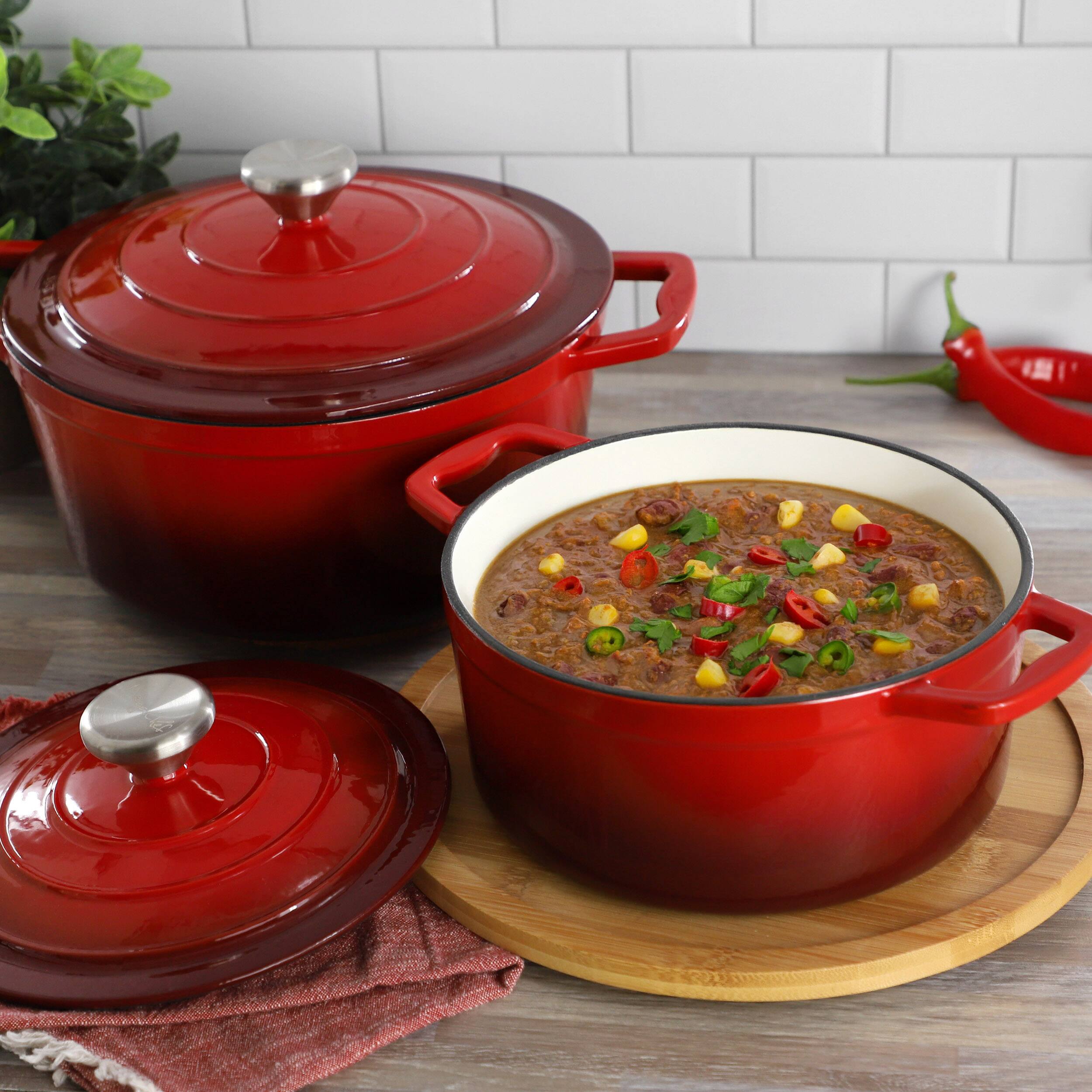 Alt View 6. MegaChef - MegaChef 2.7 Quart Round Enameled Cast Iron Casserole in Gradient Red - Red.
