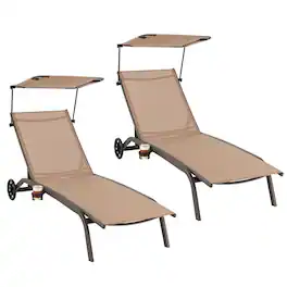 Gymax - 2PCS Patio Chaise Lounge Chair Heavy-Duty Lounger Canopy Cup holder Wheeled 6-Level - Brown