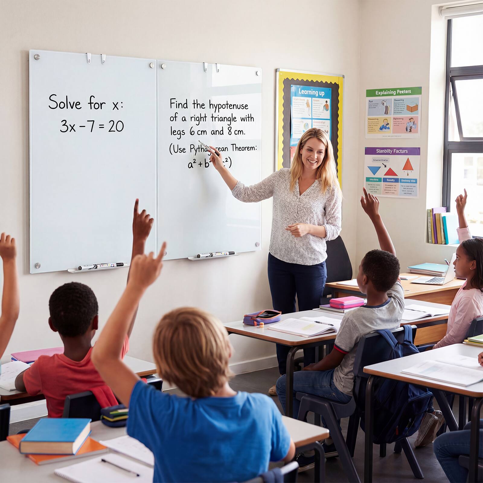 Solve for x:  
3x - 7 = 20  

Find the hypotenuse of a right triangle with legs 6 cm and 8 cm. (Use Pythagorean Theorem: a² + b² = c²)