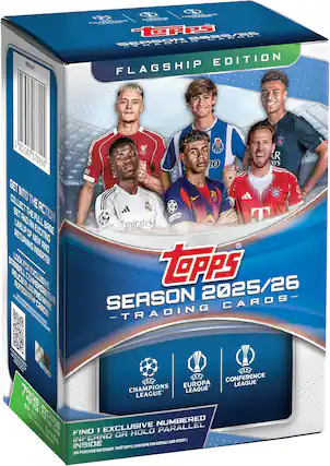 PRA! CD Ees FSTe R3 TGFps 2026/25 4.ES SEASON n EDITION FLAGSHIP 5 053307 078994 GET INTO THE ACTION SET AND THE FULL BASE LINEUP AN EXCITING RETURN OF NEW AND EXCITING INSERTS! LOOK FOR EXCLUSIVE STRA BALL FOR PEL EXCLUSIVE AUTOGRAPHIC MEMORATIVE CARDS! NO PURCHASE NECESSARY. VISIT TOPPS.COM/NPN (NO PURCHASE NECESSARY).
TOPPS SEASON 2025/26 TRADING CARDS - FLAGSHIP EDITION
7 PACKS PER BOX 8 CARDS PER PACK 64 TOTAL CARDS
FIND 1 EXCLUSIVE NUMBERED INFERNO OR HOLO PARALLEL INSIDE (NO PURCHASE NECESSARY. VISIT TOPPS.COM/NPN FOR DETAILS AND ENTRY.)
UEFA CHAMPIONS LEAGUE
UEFA EUROPA LEAGUE
UEFA CONFERENCE LEAGUE