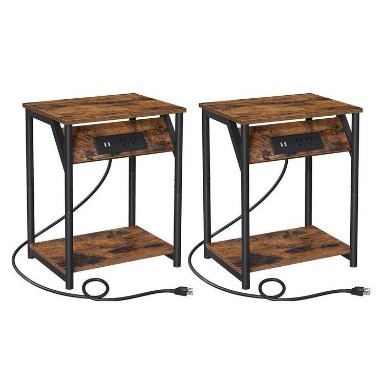 Front. Hivvago - Set of 2 - Nightstand End Tables Charging Station with 2 USB ports - Rustic Brown.