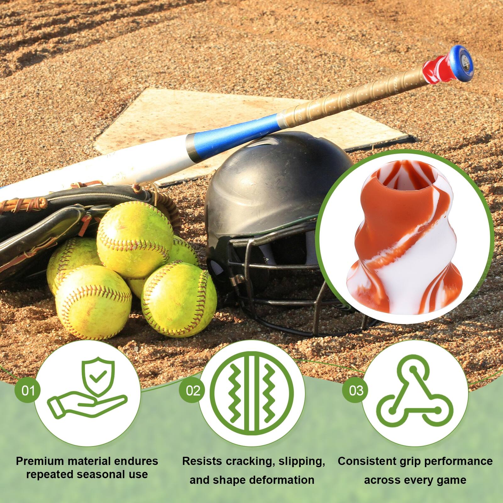01 Premium material endures repeated seasonal use  
02 Resists cracking, slipping, and shape deformation  
03 Consistent grip performance across every game