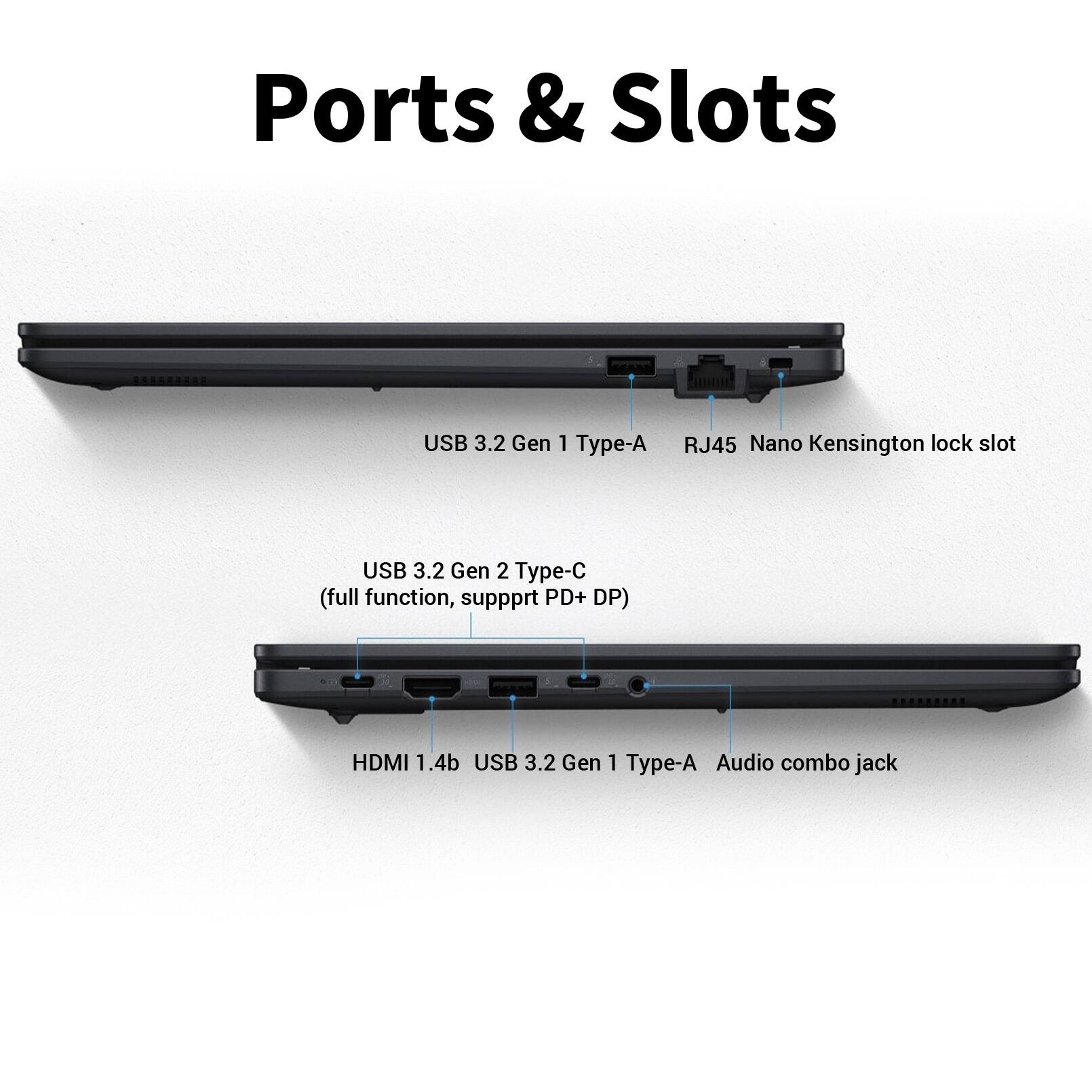 Ports & Slots

- USB 3.2 Gen 1 Type-A
- RJ45
- Nano Kensington lock slot
- USB 3.2 Gen 2 Type-C (full function, support PD+ DP)
- HDMI 1.4b
- USB 3.2 Gen 1 Type-A
- Audio combo jack
