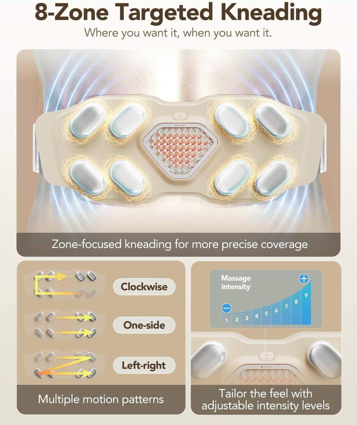 8-Zone Targeted Kneading  
Where you want it, when you want it.

Zone-focused kneading for more precise coverage

Clockwise  
One-side  
Left-right

Multiple motion patterns

Massage intensity  
1 2 3 4 5 6 7 8 9

Tailor the feel with adjustable intensity levels