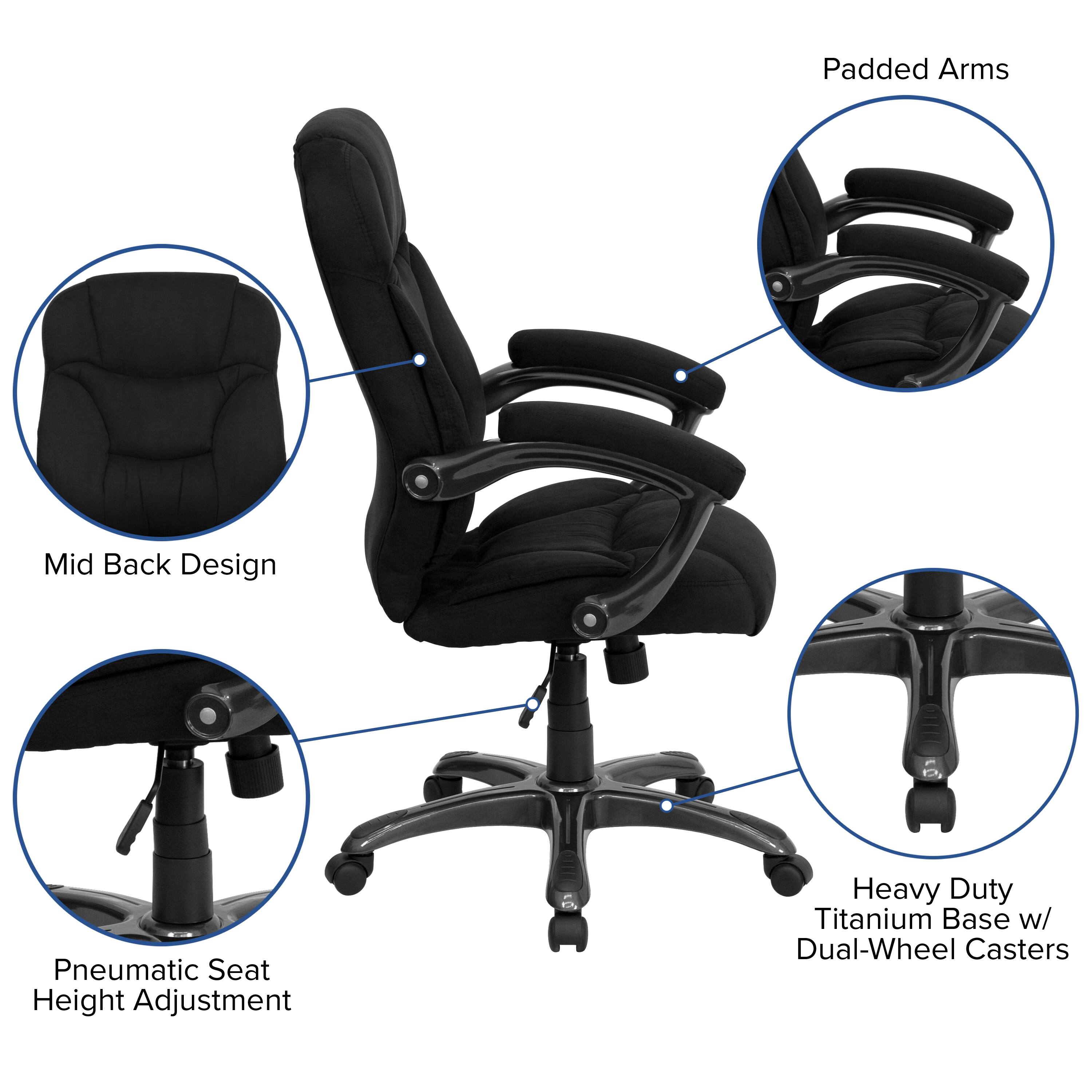 Padded Arms  
Mid Back Design  
Pneumatic Seat Height Adjustment  
Heavy Duty Titanium Base w/ Dual-Wheel Casters