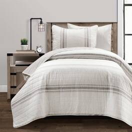 Hivvago - Twin/Twin XL Grey Off-White 2 Piece Stripe Reversible Cotton Quilt Set - Grey, Off-White