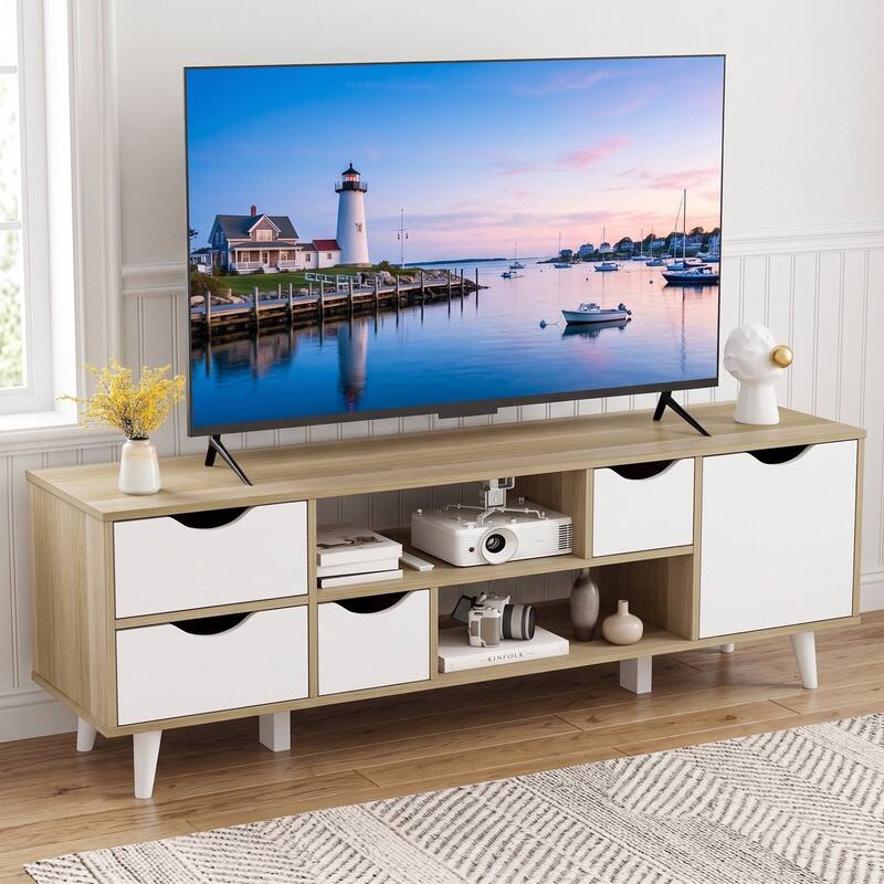 Angle. WELLFOR - Modern TV Stand for TVs up to 55" with 4 Drawers & 1 Door, Entertainment Center TV Media Console - Oak.