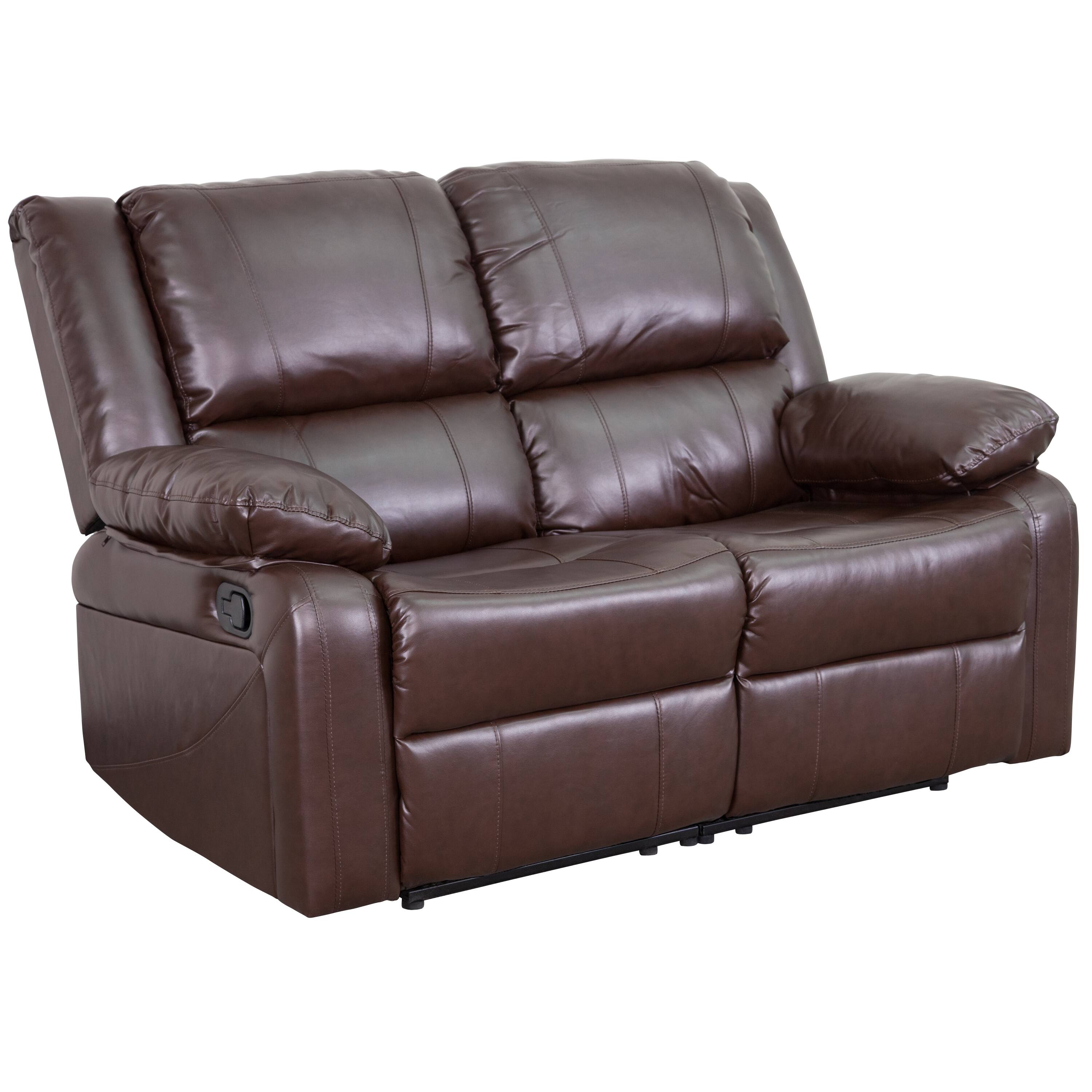 Alt View 1. Emma + Oliver - Bustle Back Loveseat with Two Built-In Recliners - Brown LeatherSoft.