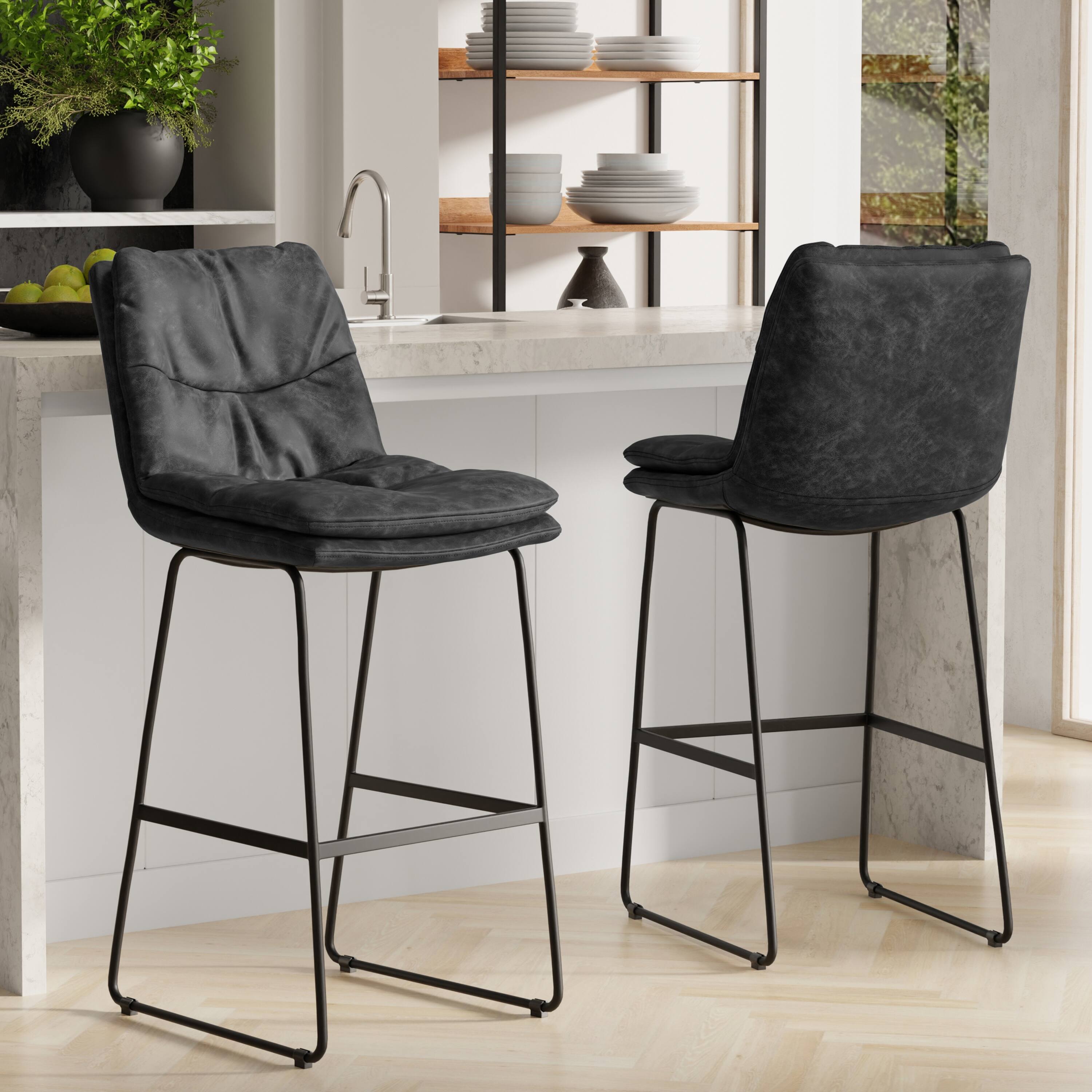 Angle. Simpli Home - Danika Mid Century Modern Bar Stool (Set of 2) in Distressed Charcoal Grey Vegan Faux Leather - Distressed Charcoal Grey.