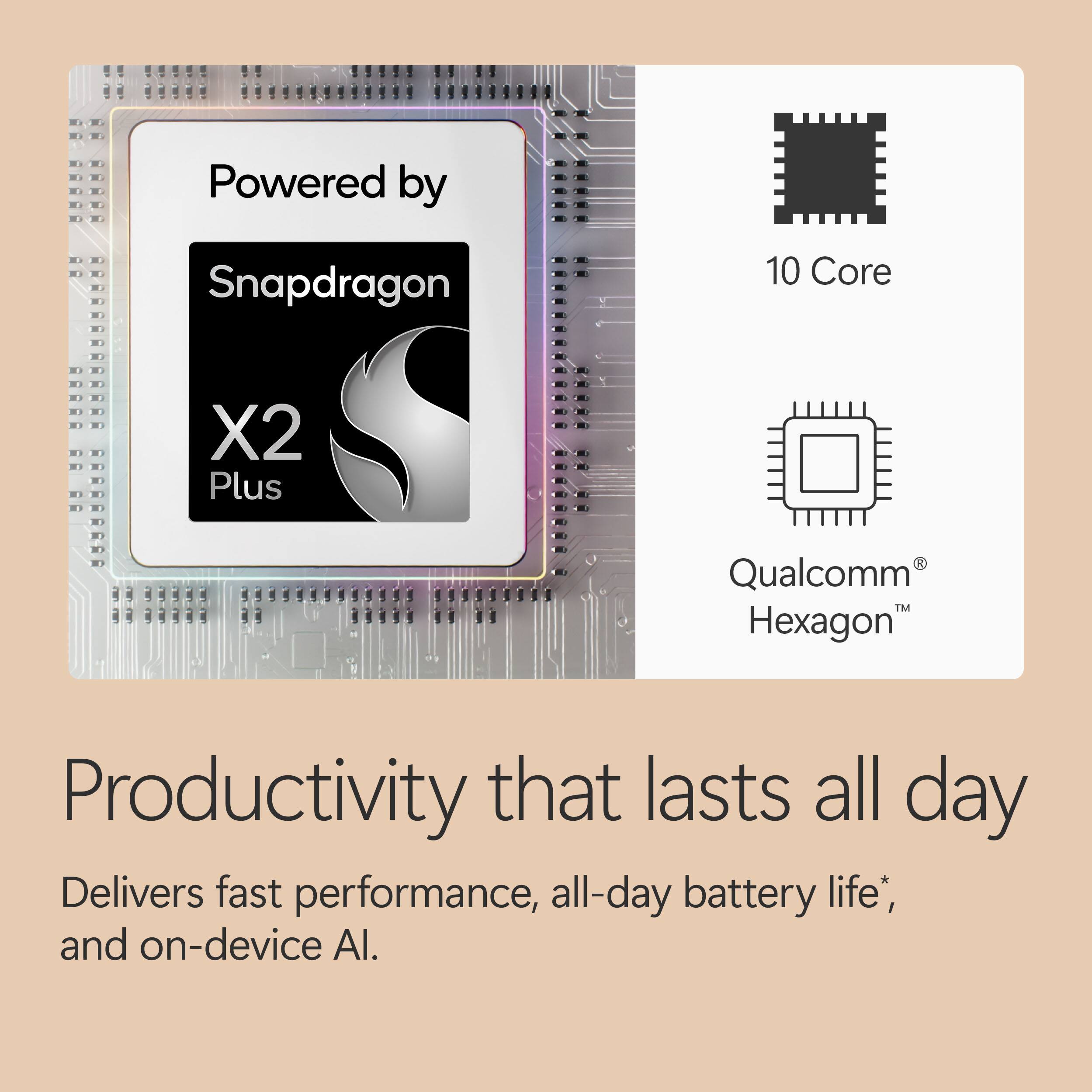 Powered by Snapdragon 10 Core X2 Plus Qualcomm Hexagon  
Productivity that lasts all day  
Delivers fast performance, all-day battery life*, and on-device AI.