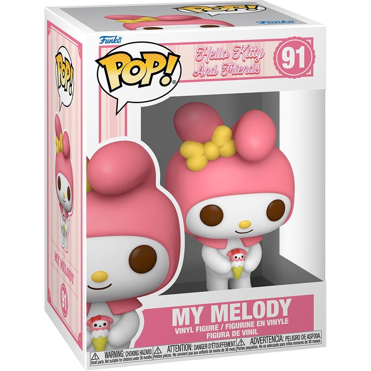Sure, here is the corrected and grouped text from the image:

---

**Funko POP!**

**Hello Kitty And Friends**

**91**

**MY MELODY**

**VINYL FIGURE / FIGURINE EN VINYLE / FIGURA DE VINIL**

**WARNING: CHOKING HAZARD - Small parts. Not suitable for children under 36 months.**

**ATTENTION: PELIGRO DE ASFIXIA - Piezas pequeñas. No es adecuado para niños menores de 36 meses.**

**ADVERTENCIA: PEQUEÑAS PIECES. Not suitable for children under 36 months.**

---

This text is organized to reflect the information on the packaging, including the brand, character, number, and safety warnings.