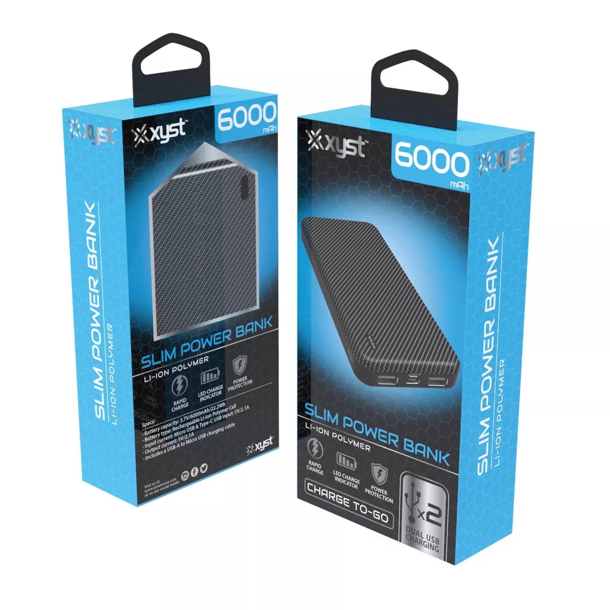Sure, here is the corrected and grouped text from the image:

---

**Xyst 6000 mAh**

**SLIM POWER BANK**

**LITHIUM POLYMER**

- **Battery Type:** Li-Polymer
- **Capacity:** 6000 mAh
- **Input:** 5V/1A
- **Output:** 5V/2.1A
- **LED Charge Indicator**
- **Power Protection**
- **Rapid Charge**
- **Dual USB Charging**

**CHARGE TO-GO**

**DUAL USB CHARGING**

**Specifications:**
- Battery: Li-Polymer
- Capacity: 6000 mAh
- Input: 5V/1A
- Output: 5V/2.1A
- LED Charge Indicator
- Power Protection
- Rapid Charge
- Dual USB Charging

**Includes:**
- USB A
- Micro USB Cable

**Xyst**

---

This text is organized to reflect the information on the packaging of the power bank.